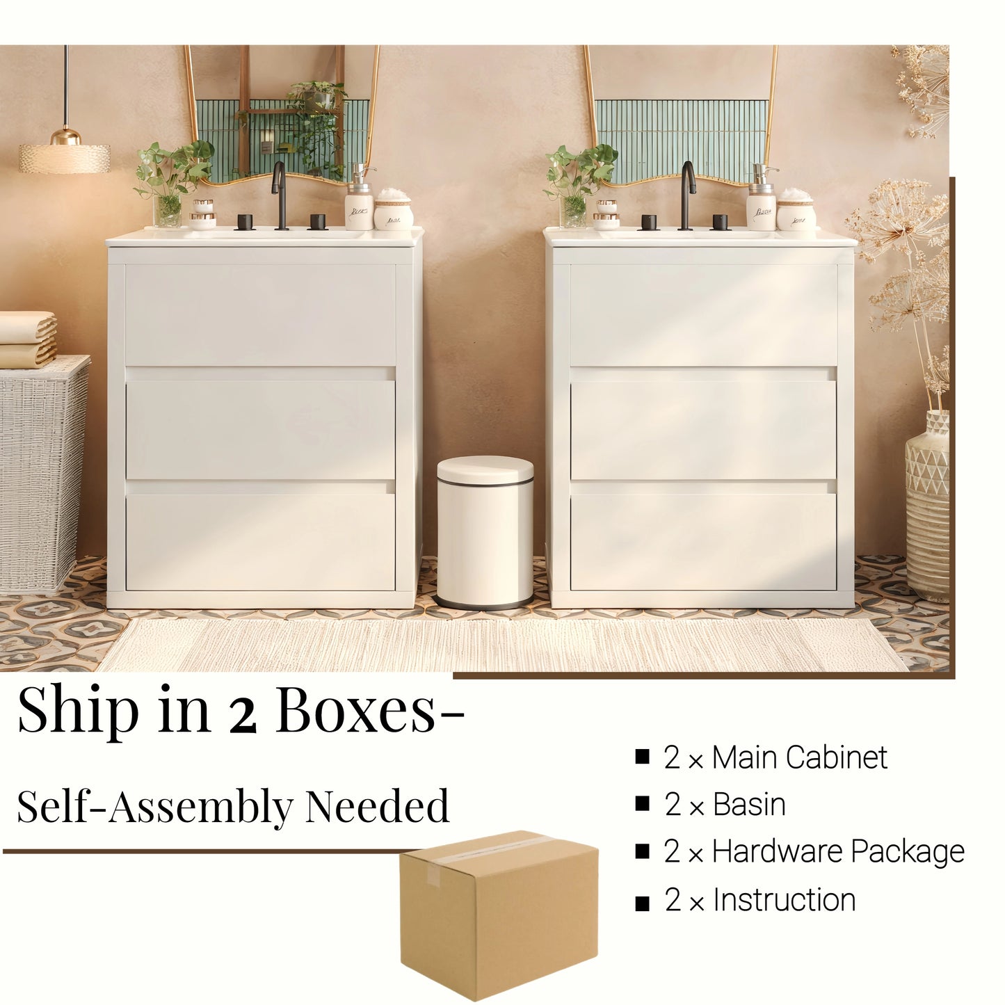 60  Double Sinks Bathroom Vanity Set, Bathroom Cabinet With Two Separate Ceramic Sinks, Full-Extension Drawers & Soft Close Undermount Drawer Slides, White
