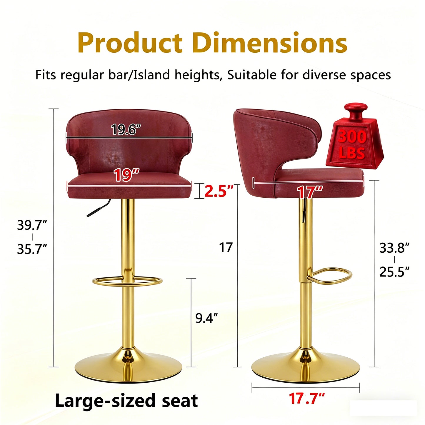 Modern Rotating Adjustable Bar Chair, PU Leather Belt Backrest Swivel Chair, Suitable For Kitchen Bar Counter And Dining Room, Adjustable Height, Capable Of Bearing 300 Pounds  Red -4 Pieces