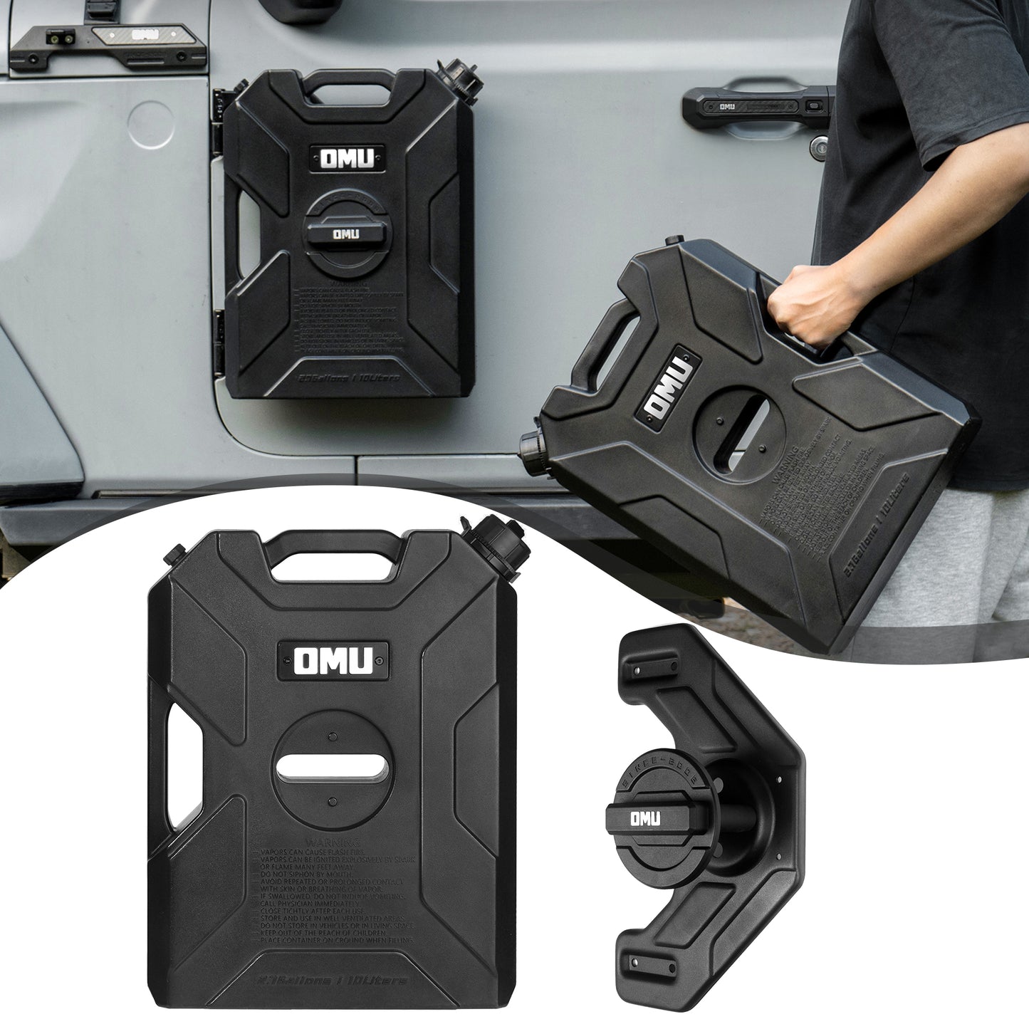 OMU 2.64 Gallon 10L Door Hinge Gasoline Container And Mount Set Compatible With 2007-2026 Jeep Wrangler JK JL JT, Gasoline Pack Mount Backing Plate With Snapin Spout Backup Petrol Water Storage Can