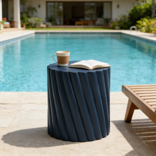 Modern Navy Blue Outdoor Table With Fluted Design - 16.02  Diameter, 18.31  H, MGO Material, 250 Lbs Capacity, Assembly-Free Accent Table Or Seat For Patio, Garden, Or Balcony