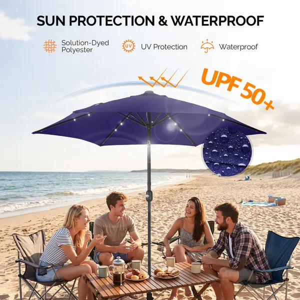9ft Solar LED Patio Umbrella With Push Button Tilt & Crank, 6 Ribs Waterproof Polyester Outdoor Market Table Umbrella For Garden Backyard Pool, Navy Blue