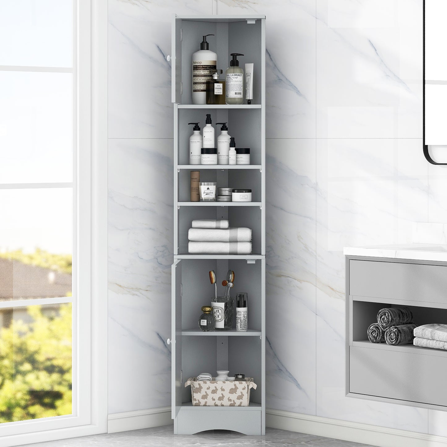 Multi-Functional Corner Cabinet Tall Bathroom Storage Cabinet With Two Doors And Adjustable Shelves, Open Shelf, Grey