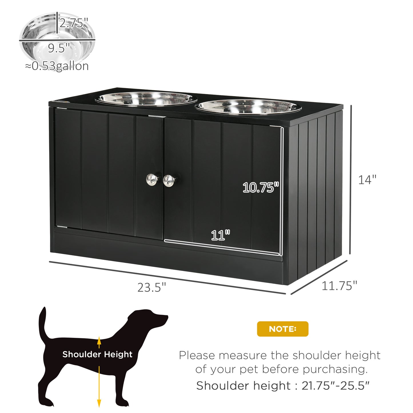 Large Elevated Dog Bowls With Storage Cabinet Containing Large 44L Capacity, Raised Dog Bowl Stand Pet Food Bowl Pet Feeding Station, Black