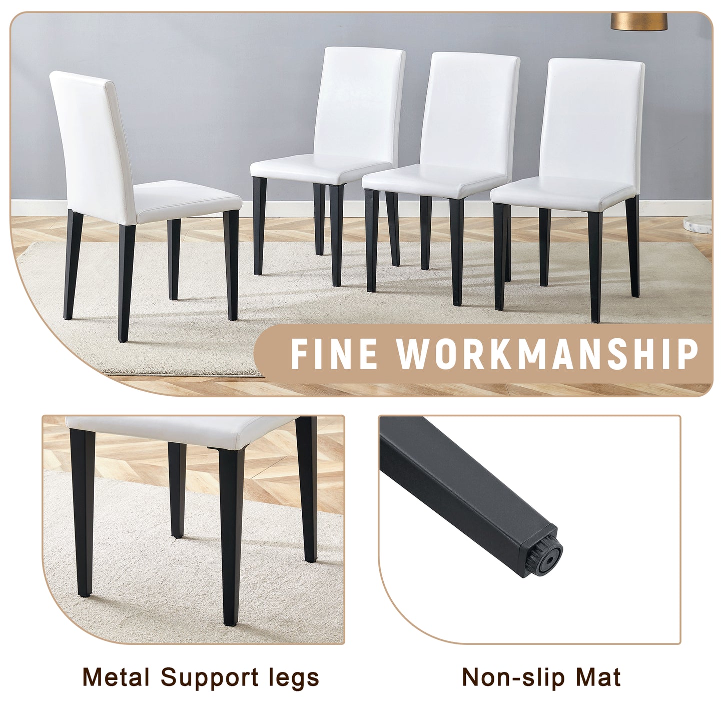 Table And Chair Set.71x35.4 Inch Wooden And Black Spliced Dining Table With Storage Function In The Middle Of The Table Legs.Paired With 8 White PU Dining Chairs, Simple And Versatile.