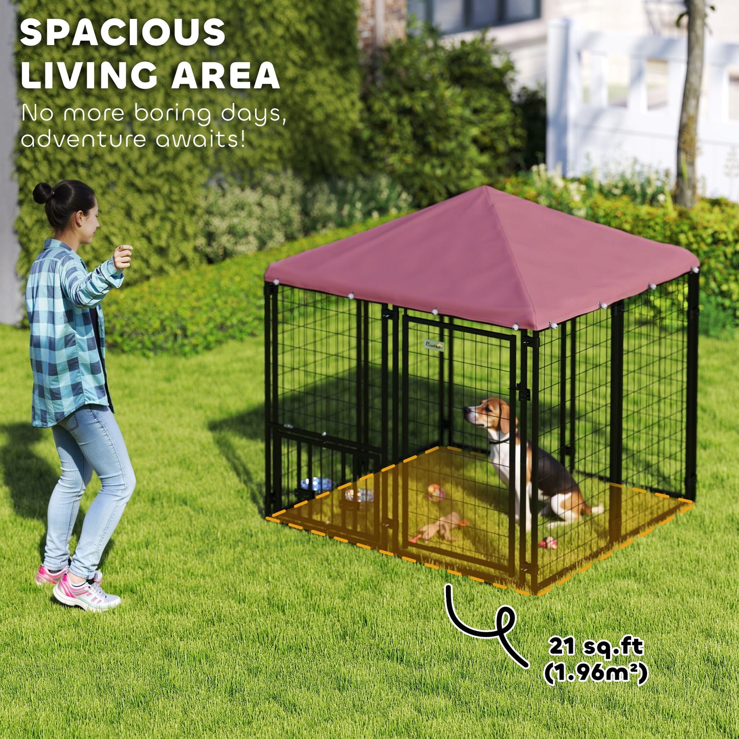 Welded Wire Outdoor Dog Kennel With 360° Rotating & 4 Levels Adjustable Bowls, Waterproof Cover, 4.6' X 4.6' X 5'