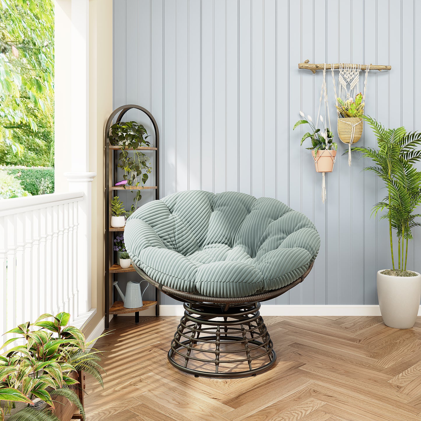 Comfortable Ergonomic Wicker Papasan Chair, 360 Swivel Indoor Outdoor Rattan Chair With Soft Thick Cushion, Ideal For Living Room, Bedroom, Reading Room, Brown Frame With Light Green Cushion