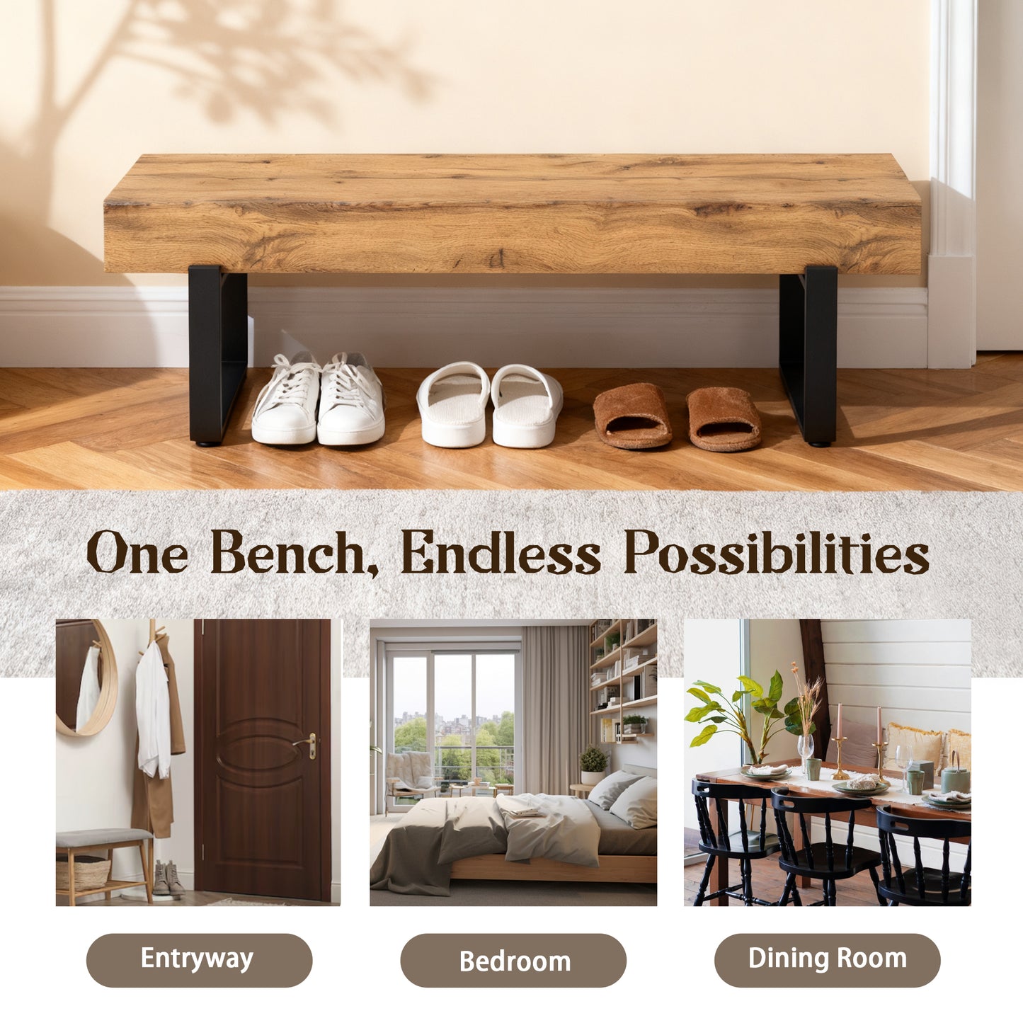 59  Wood Bench For Bedroom End Of Bed, Farmhouse Indoor Kitchen Table Benches,Versatile Modern Shoe Bench For Entryway, Natural