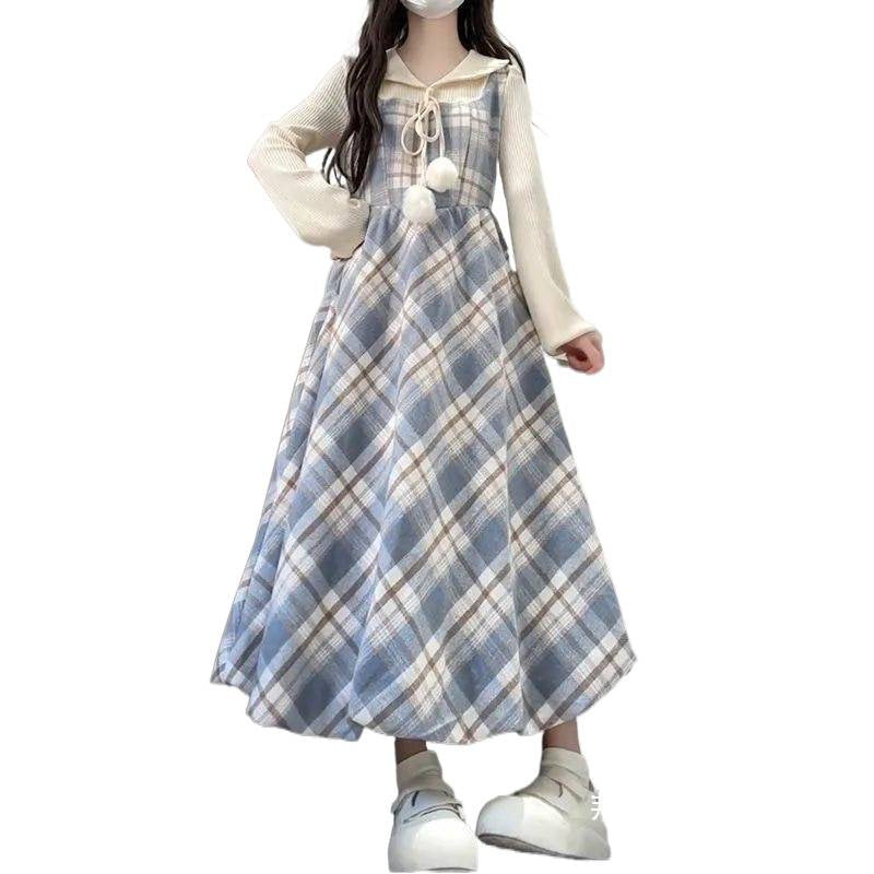 Faux Two-piece Plaid Design Long Sleeve Dress For Women