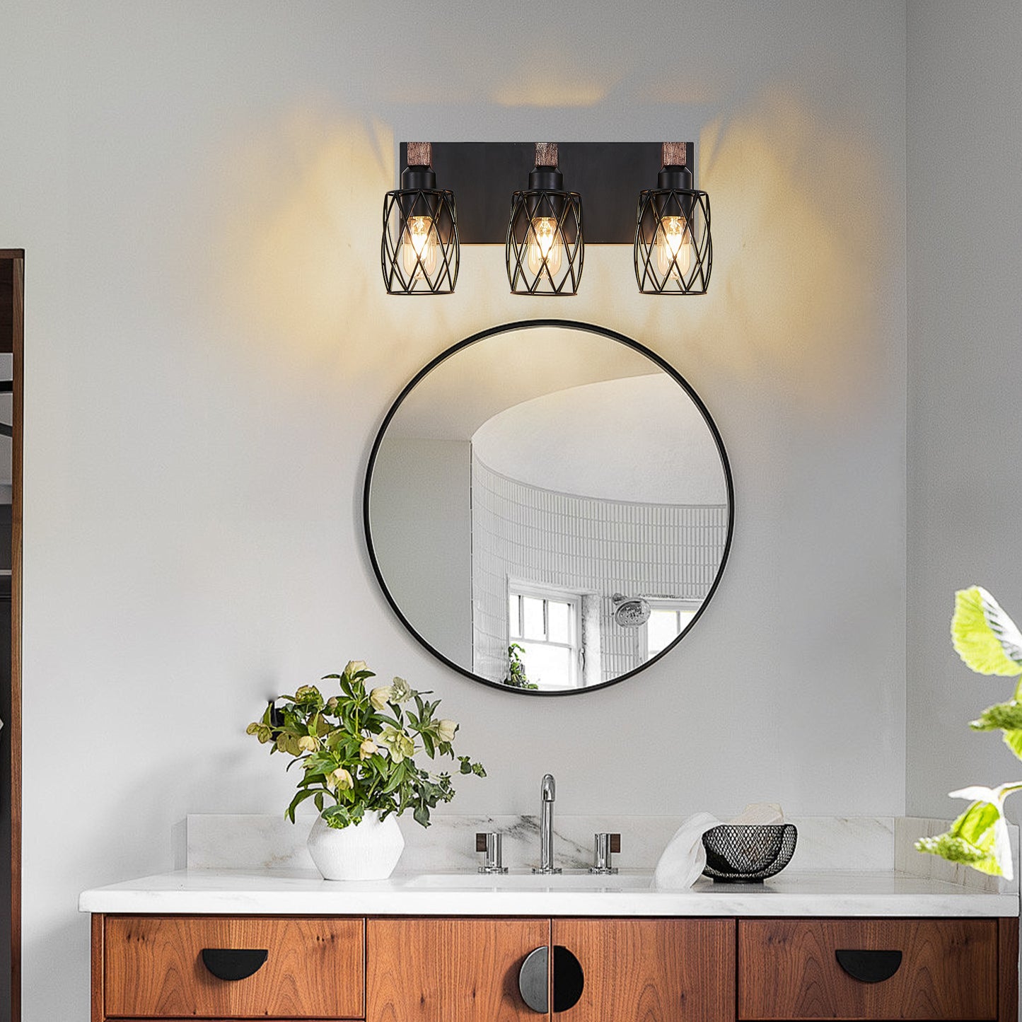 18  Industrial Vintage 3-Light Wall Sconce - Black Cage Wall Lighting Fixture With Wooden Accents For Bathroom, Hallway, Or Living Room Bulb Not Included