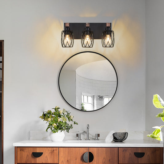 18  Industrial Vintage 3-Light Wall Sconce - Black Cage Wall Lighting Fixture With Wooden Accents For Bathroom, Hallway, Or Living Room Bulb Not Included