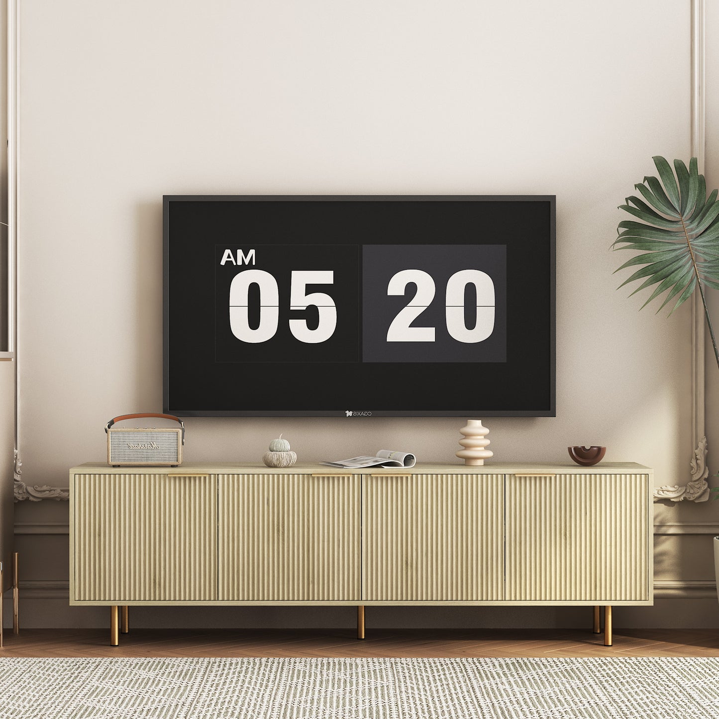 Wood  Modern TV Stand Fluted 68  , Entertainment Center With Storage Doors, TV Console Media Cabinet,  For 55  Inch TV, Living Room