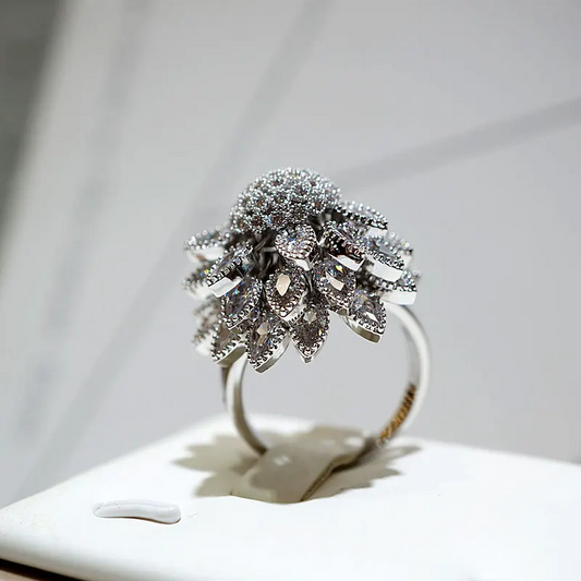 Flower Adjustable Open Silvery Ring For Women, Trendy Elegant Unique Cubic Zirconia Enamel Front Open Floral Leaf Easter Jewelry Gift-flower