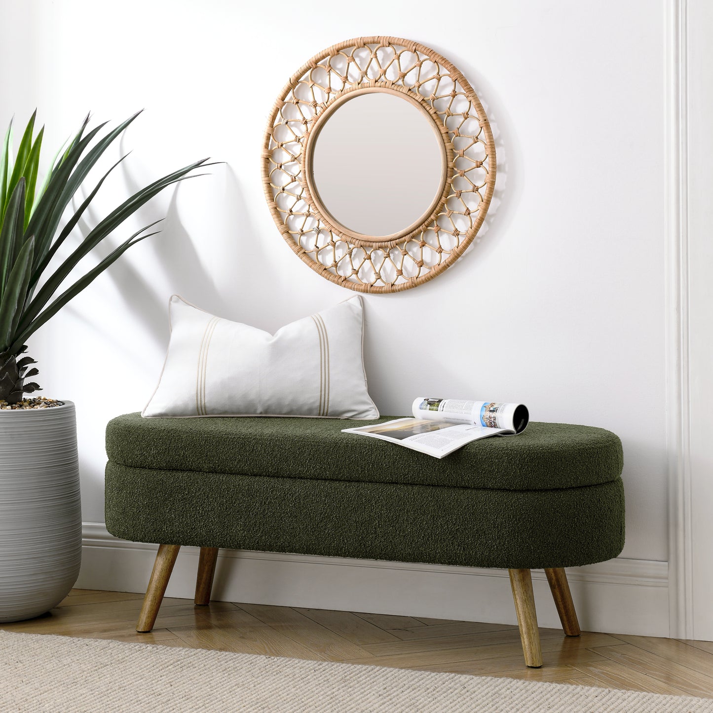 Ottoman Oval Storage Bench,Rubber Wood Legs, Green 43.5 X16 X16