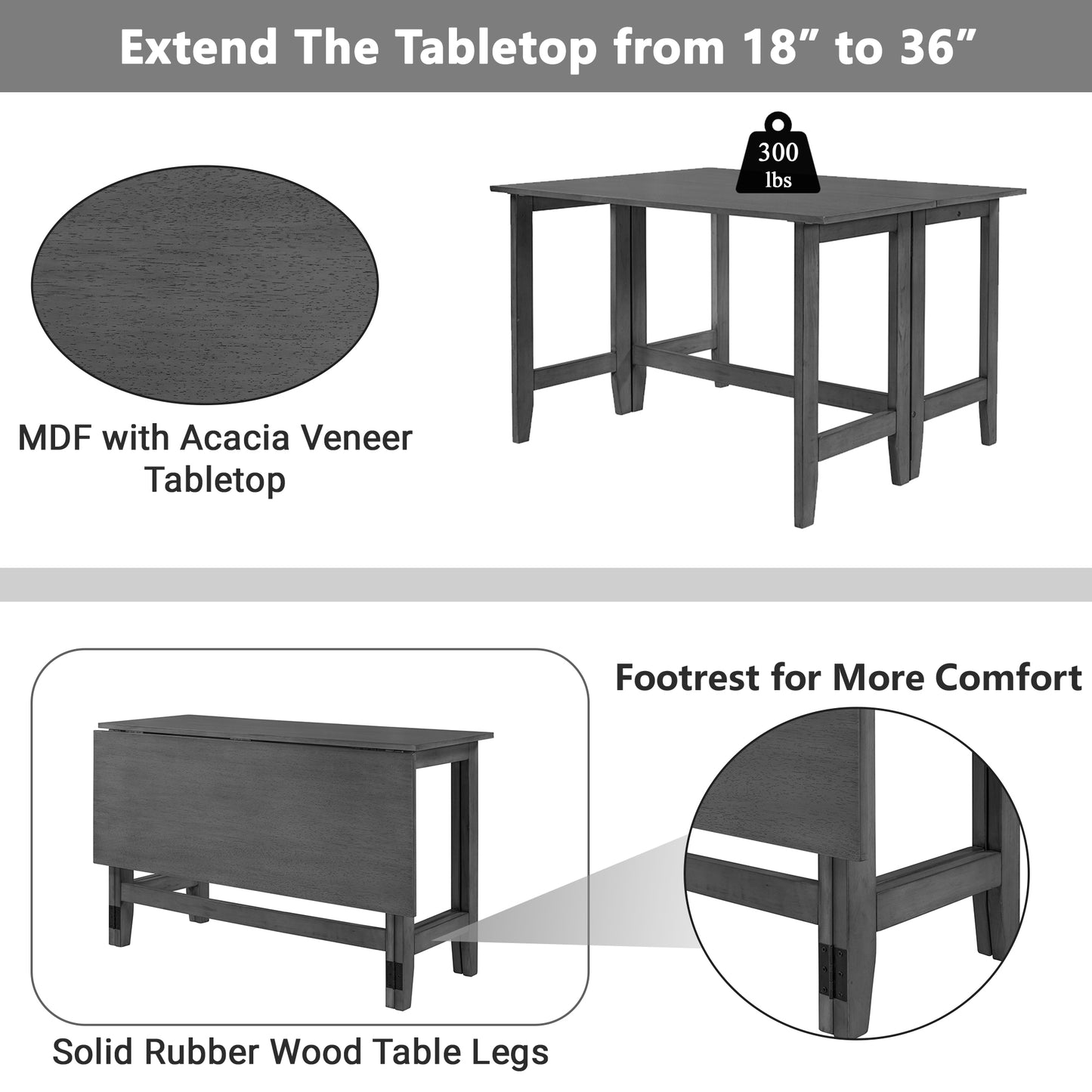 TOPMAx Farmhouse Wood Extendable Dining Table With Drop Leaf For Small Places  Gray