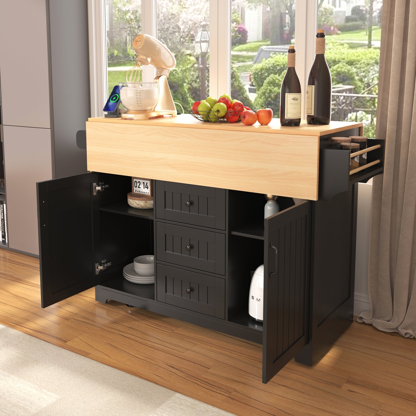 K&K 55.7  Large Kitchen Island With 2 Drop Leaf,, Rolling Kitchen Cart On 5 Wheels With Power Outlet, Folding Storage Dining Table With Spice & Towel Rack , 3 Drawers, For Kitchen, Dining Room,Black