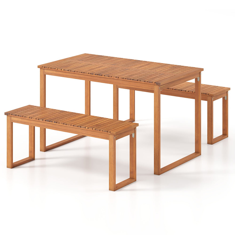 3 Pieces Acacia Wood Picnic Set With Outdoor Dining Table And 2 Benches For 4 People For Patio, Garden, Yard, Or Poolside Use