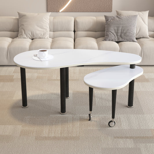 Contemporary Rotatable Cocktail Table With Solid Rubber Wood Legs, 360 Degree Rotating Coffee Table With 6mm White Sintered Stone Tabletop For Living Room, Bedroom, Balcony, Home Office