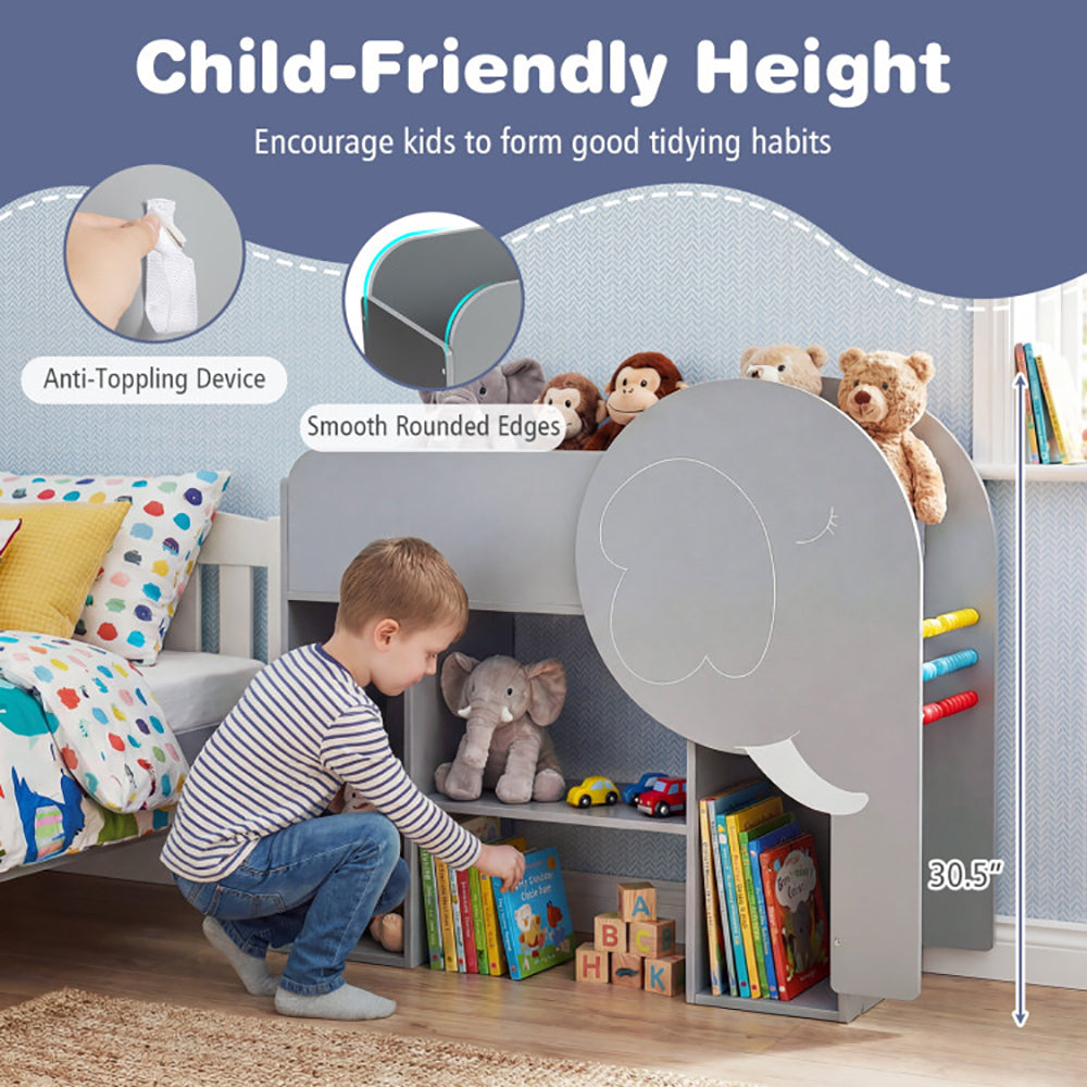 Montessori Bookshelf With Elephant Shape 3-Tier Toddler Toy Storage Organizer  With 3-row Abacus Toy And Chalkboard