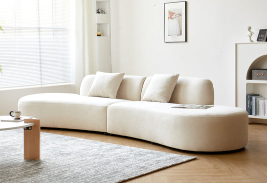 132   Curved Sofa With Throw Pillows, 6 Seater Luxury Velvet Couch With Half Moon Design And High-Density Foam, Ideal For Modern Living Room, Office & Apartment, Ivory