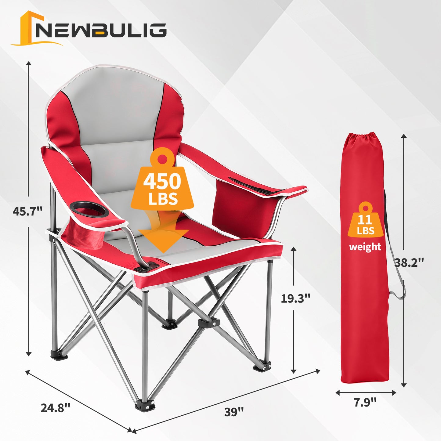 Oversized Camping Folding Chair, Heavy Duty Padded Chair With Cup Holder Storage And Cooler Bag, 5000 LBS Steel Frame, Portable For Outdoor