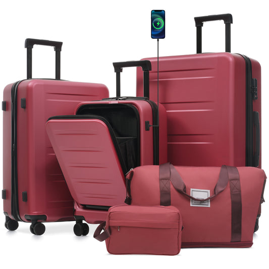 Luggage Sets 5 Piece With Front Opening, Hardside Expandable Carry On Suitcase Set With Double Spinner Wheel, Lightweight Travel Luggage With USB Port,TSA Locks 20-24-28