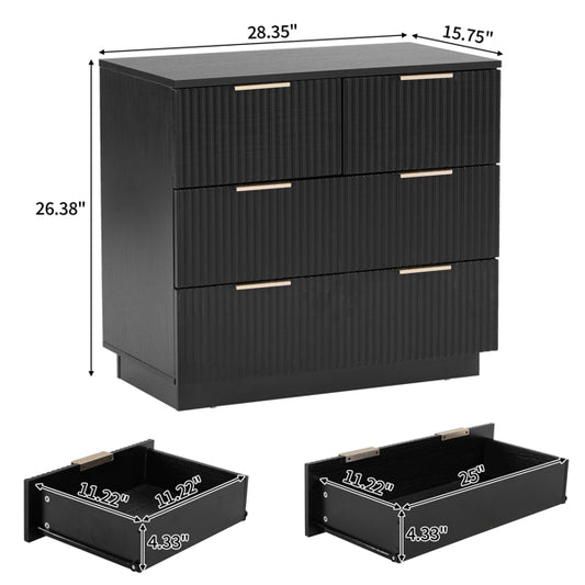 Black P2 Density Board, Wave Pattern Drawer Surface, Three Layers And Four Drawers Bedside Cabinet 1pc
