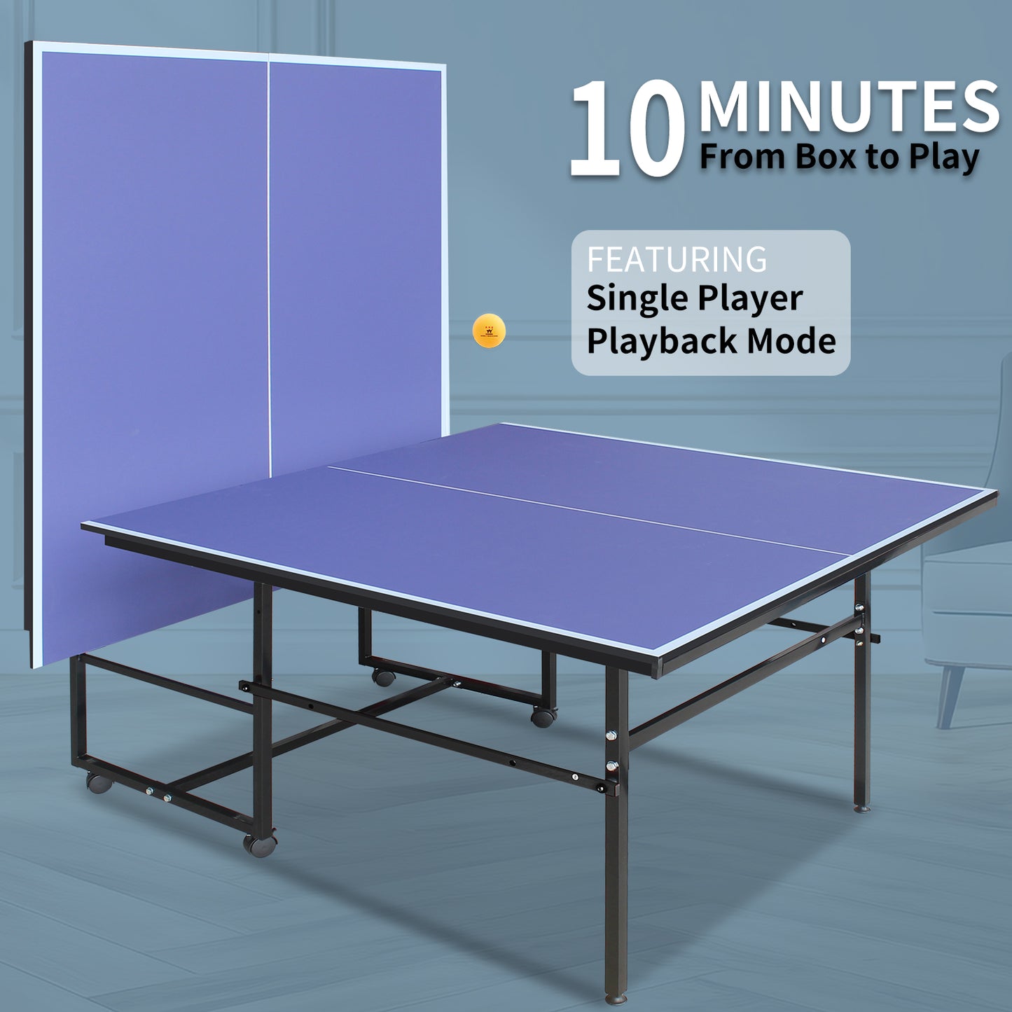 9x4.1ft Blue Mid-Size Table Tennis Table Foldable & Portable Ping Pong Table Set For Indoor Games With Net, 2 Table Tennis Paddles And 3 Balls