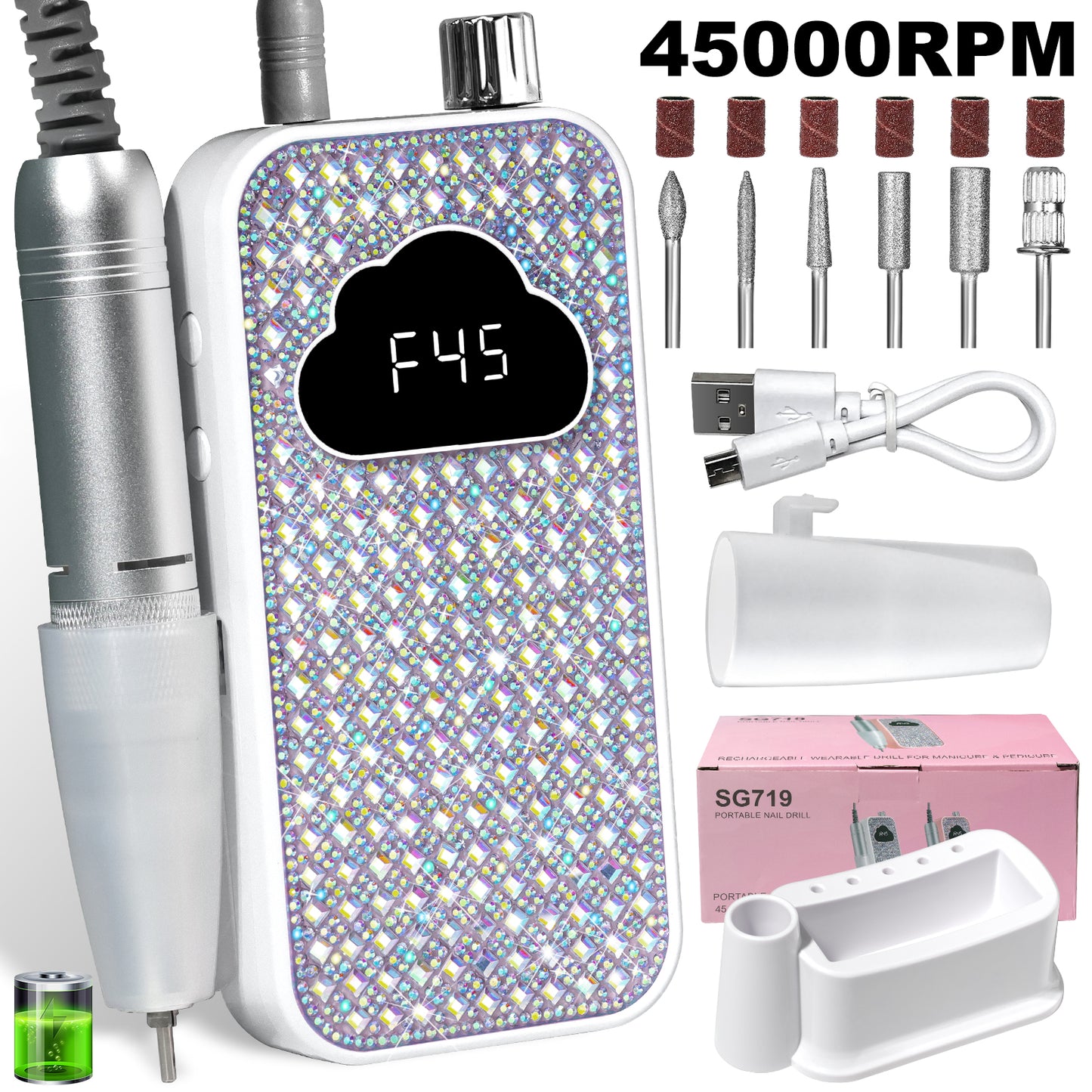 Professional Rechargeable Nail Drill Machine - 45000RPM Glitter Portable Cordless Nail Drill, Electric Nail File Kits With Bits & Base Easy Use E-File For Home & Salon Manicure Pedicure