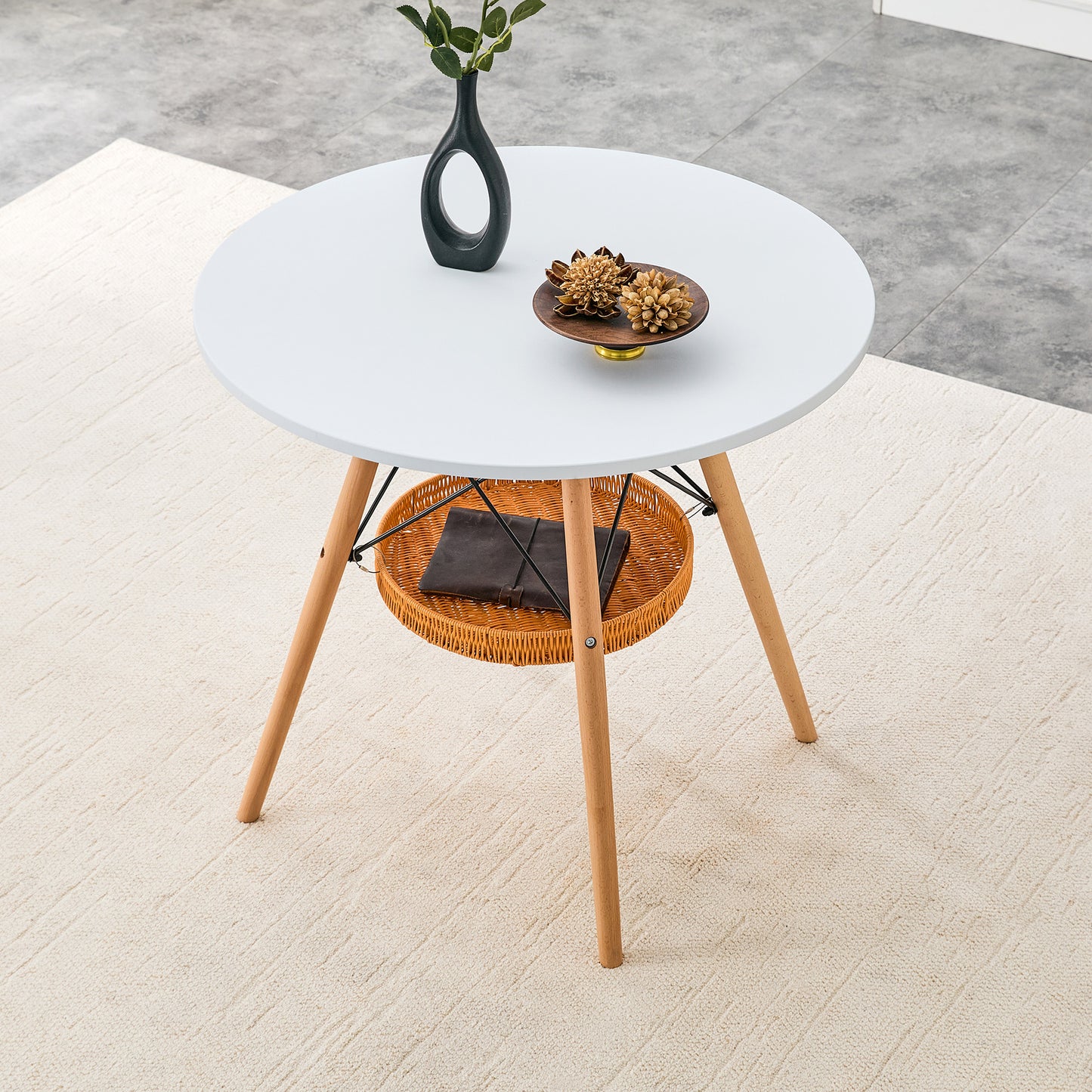 31.5-inch Diameter Circular Dining Table, White MDF Vacuum Formed Tabletop, Solid Wood Legs, With Suspended Woven Storage Basket Structure. A Casual Coffee Table Suitable For 2-4 People.
