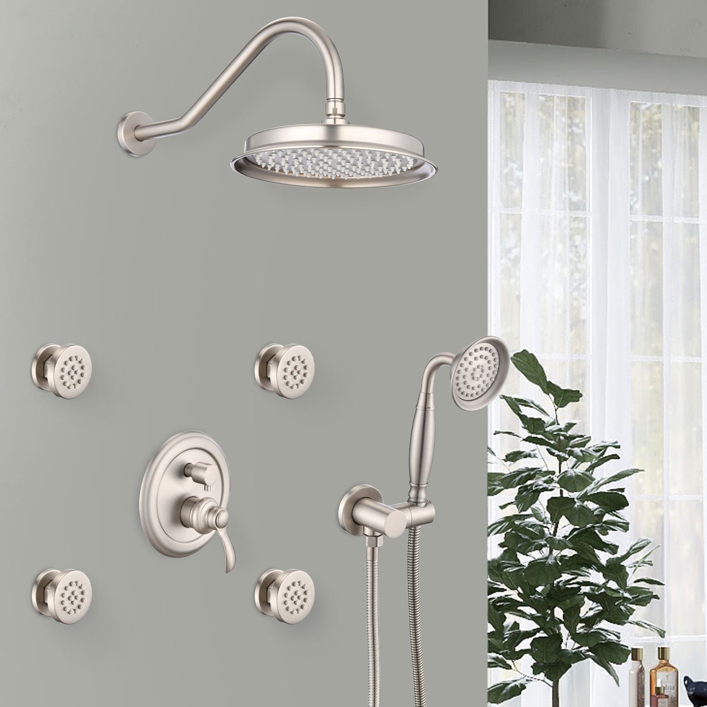 Single-Handle 4-Spray Patterns Bathroom Rain Shower Faucet With Body Jet Handshower In Brushed Nickel  Valve Included