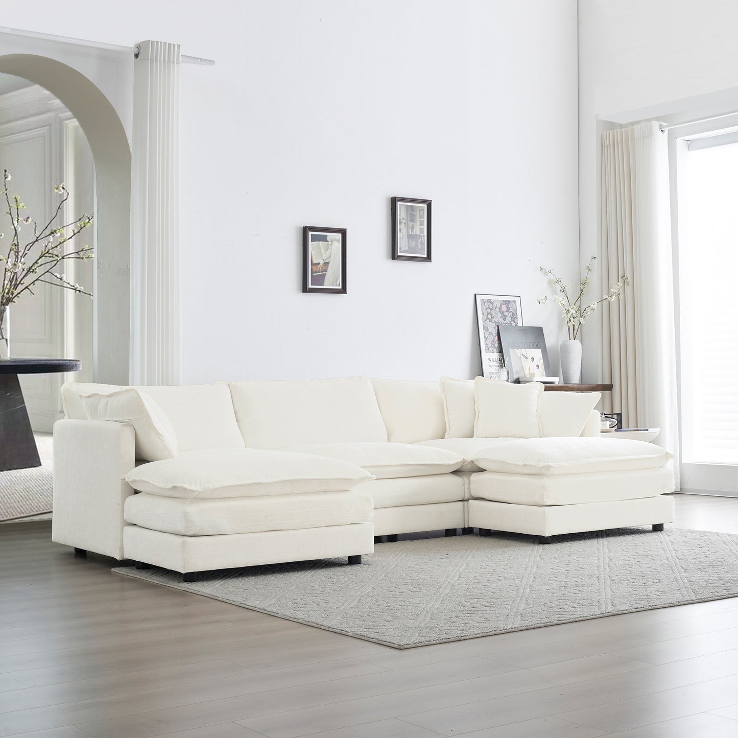 U-Shaped Sectional Sofa W Reversible Footrest, 5-Seater Convertible Corner Couch With 2 Ottomans ,Modern Minimalist Soft Sofa & Couch For Living Room , White
