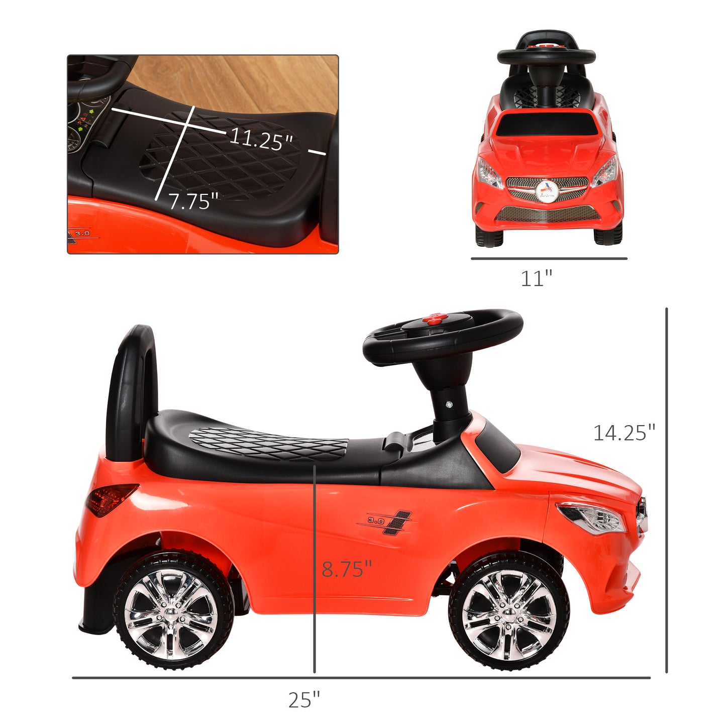 Kids Ride On Push Car, Foot-to-Floor Walking Sliding Toy Car For Toddler With Working Horn, Music, Headlights And Storage, Red