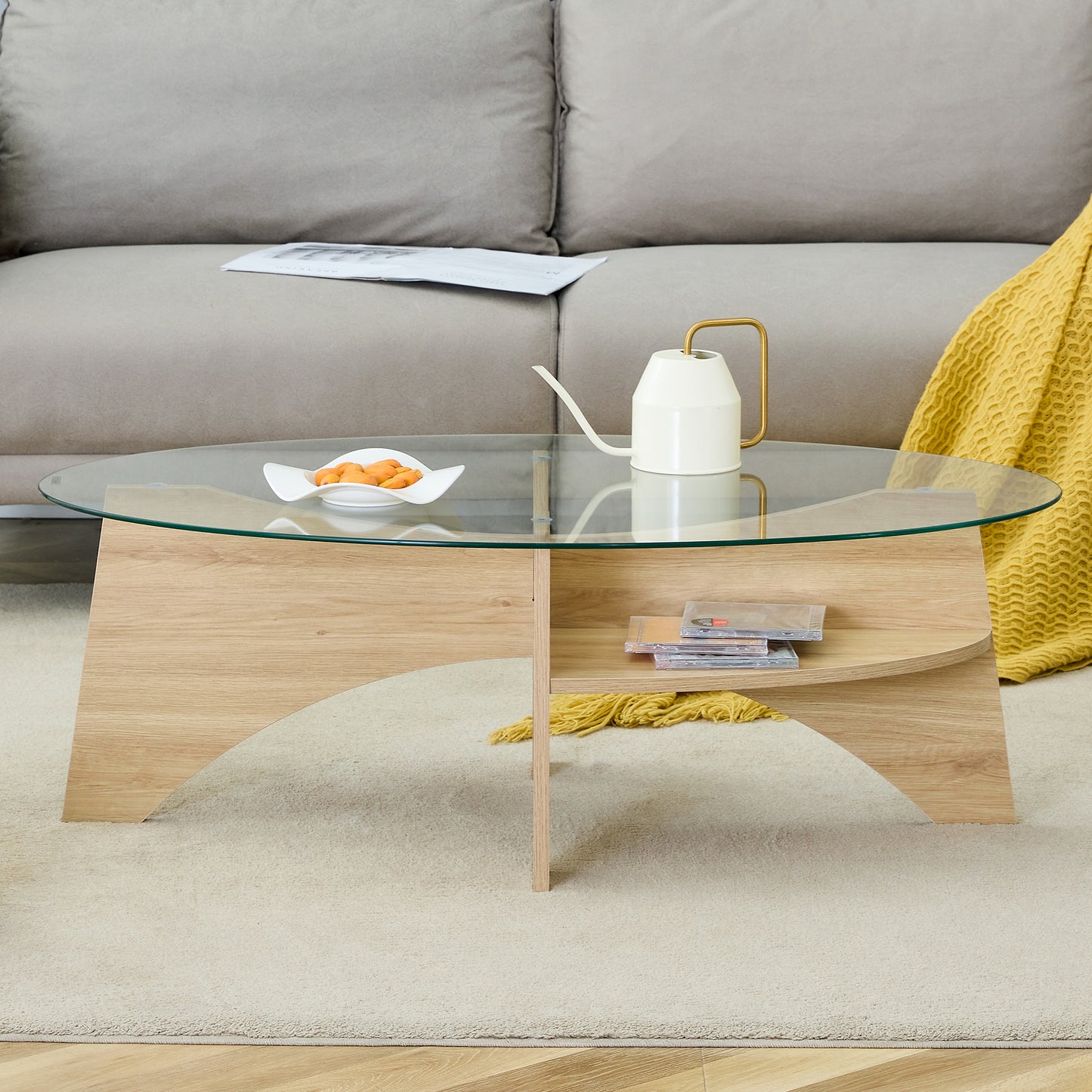 Oval Tempered Glass Coffee Table - 41.3inx23.6in Multi-Functional Design.Oval Tabletop.Natural Wood Color Diagonal Fan-shaped Tray Design Table Leg.Suitable For Dining Rooms, Living Rooms, Offices.