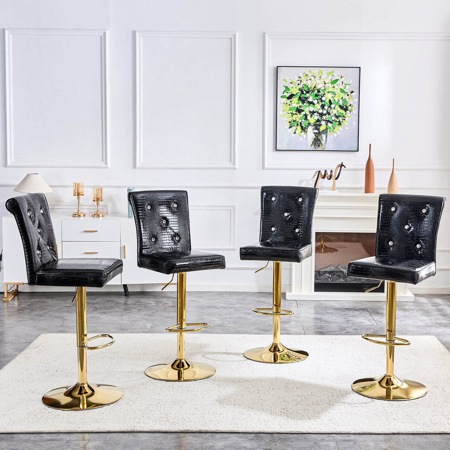 A Set Of 2 Black Vintage Crocodile Leather Lift Bar Chairs, Featuring Crystal Clasp Design And Synthetic Leather Design, Adding A Touch Of Elegance And Mystery To The Dining Area