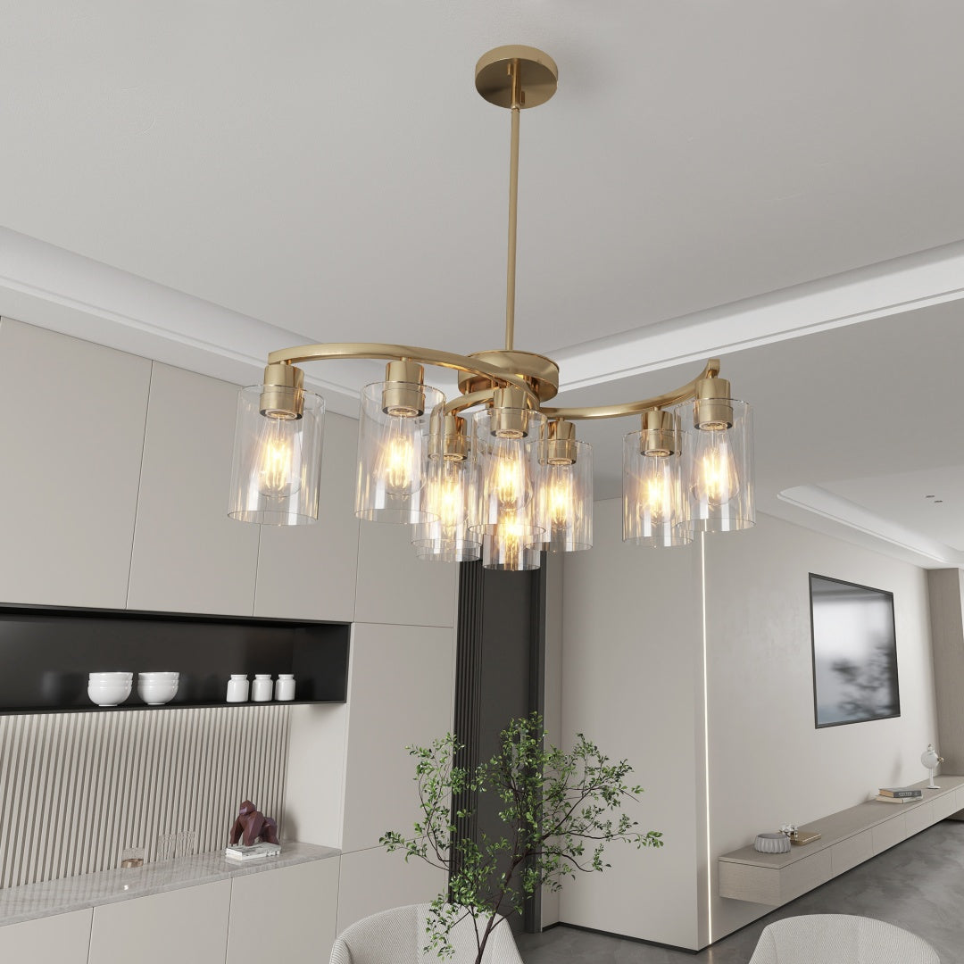 9-Light Gold Glass Chandelier, Adjustable Height Dining Room Light Fixtures Over Table, Contemporary Hanging Chandelier For Kitchen Island Living Room Foyer Office, Clear Glass Shade