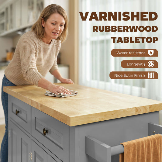 Kitchen Island Cart With Rubber Wood Top, Rolling Kitchen Island Table On Wheels With Drawers, Adjustable Shelves, Spice Rack And Towel Rack For Dining Room, Gray
