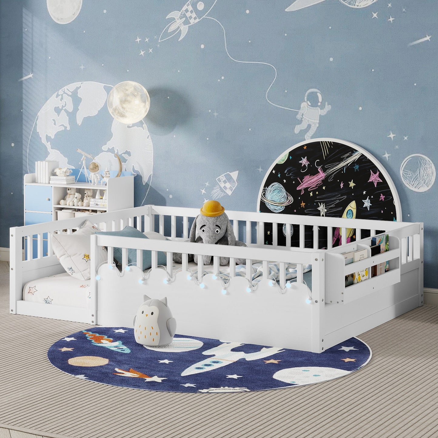 Full Montessori Floor Bed Frame With High Rails, Wood Kids Floor Beds With Light And Storage Shelf, White Expect Arrival Date 2025 8 15