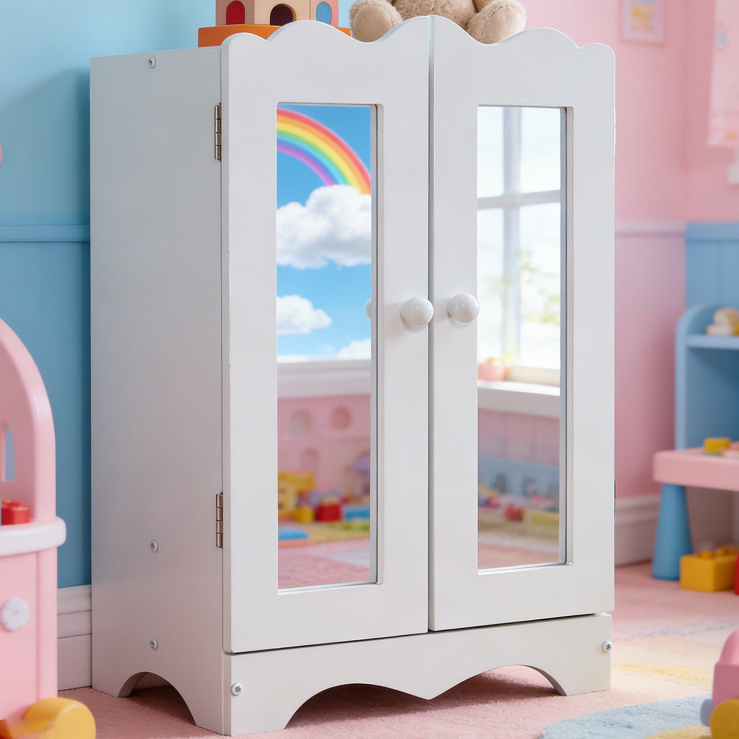 Wooden Baby Doll Closet With Mirror 6 Hangers 18 Inch Doll Clothes Storage Furniture Wardrobe For Over 3 Years Kids White
