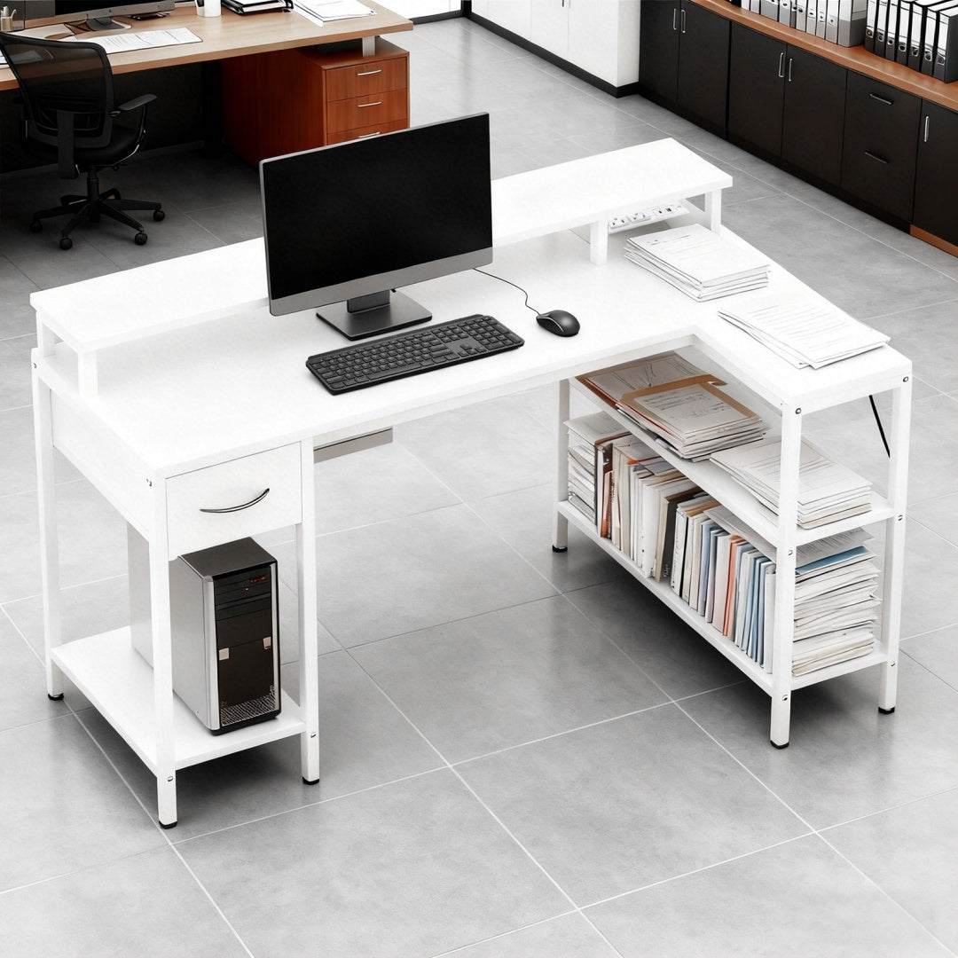53-inch Gaming Table With USB Charging Port And LED Light, Reversible L-shaped Table With Power Socket And Monitor Stand