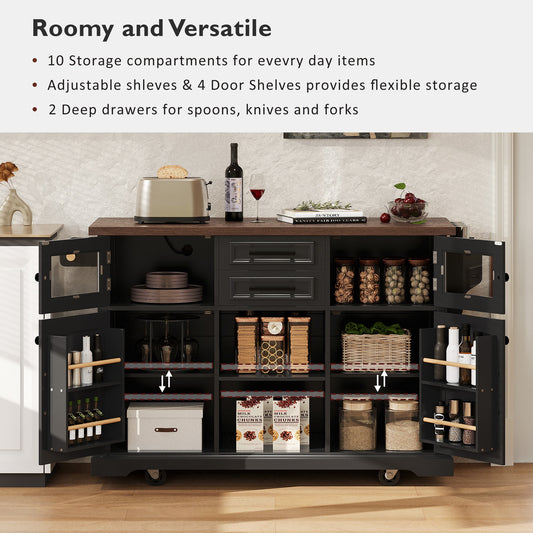 K&K 54.9  Kitchen Island With Drop Leaf, Power Outlet, Kitchen Storage Cart With 4 Door Shelves, Cross Barn Doors & Visual Glass Door, Rolling Kitchen Island On 4 Wheels For Kitchen, Dining Room,Black
