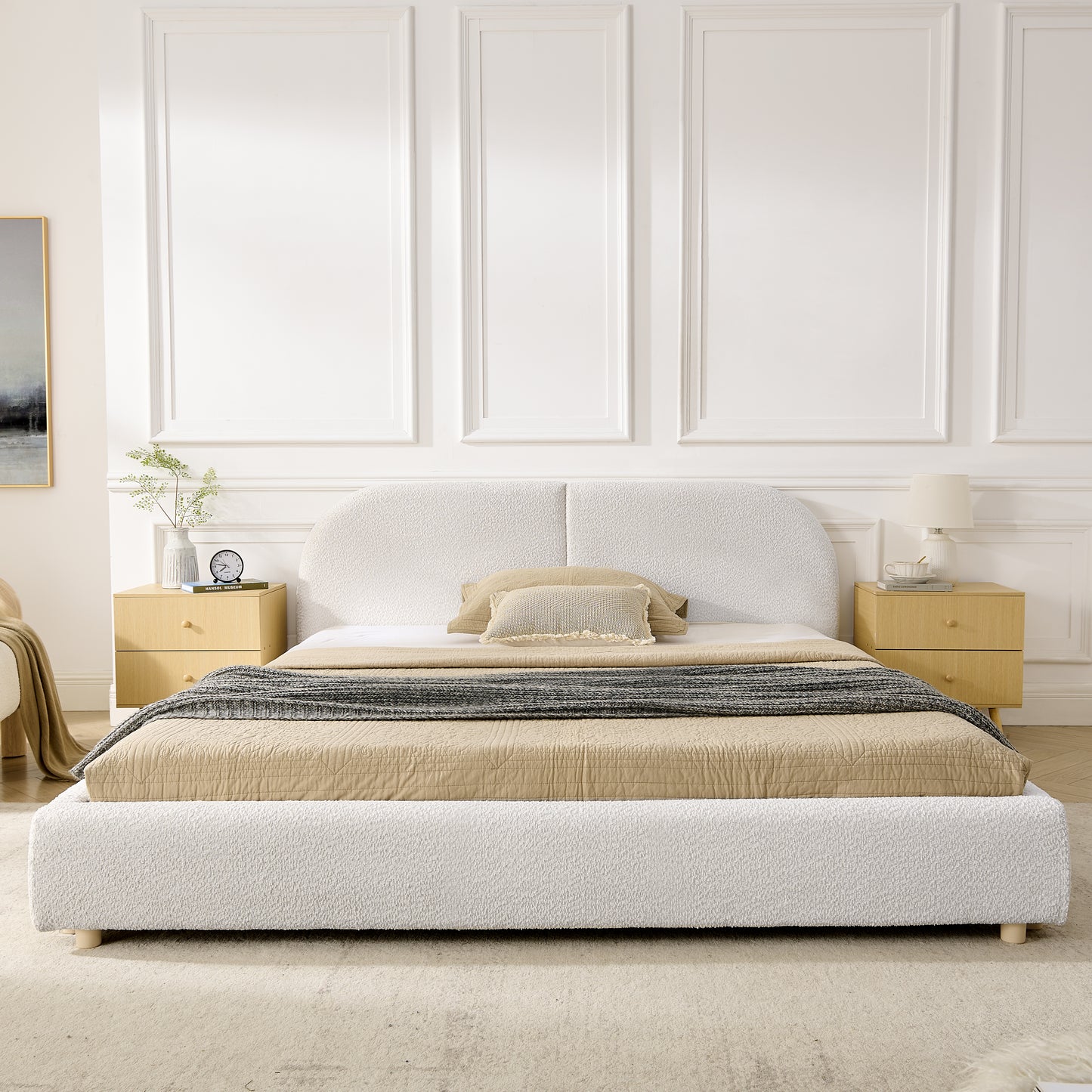 Queen Size Upholstered Bed Frame, Modern Minimalist Style With Tall Curved Headboard, Premium Circle Yarn Fabric & Sturdy Leg Support, Mattress Not Included-Beige