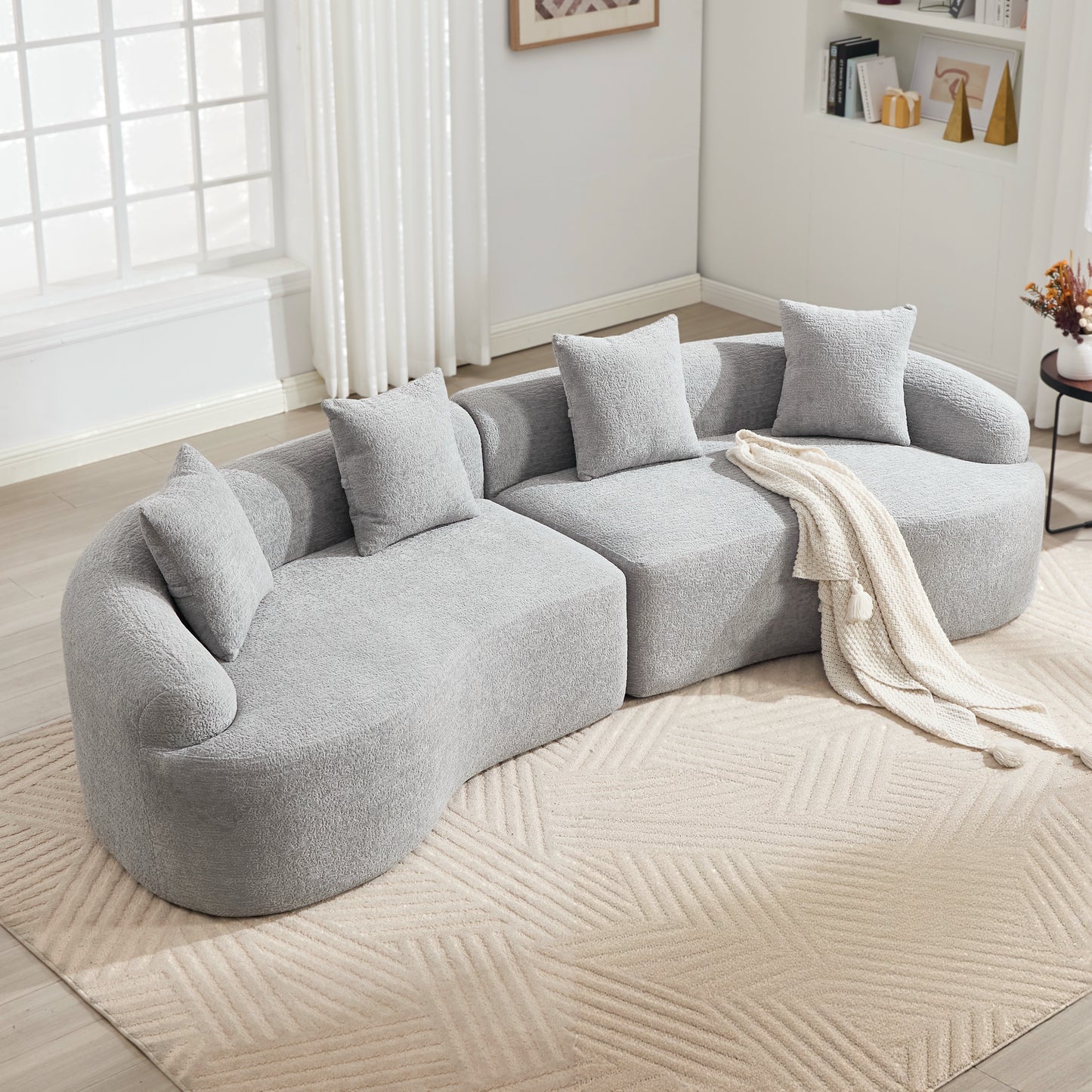Curved Boneless Sofa Compression Modular 110'' Sectional Grey High-Density Couches Sleeper For Living Room Bedroom Apartment Lounge Chenille