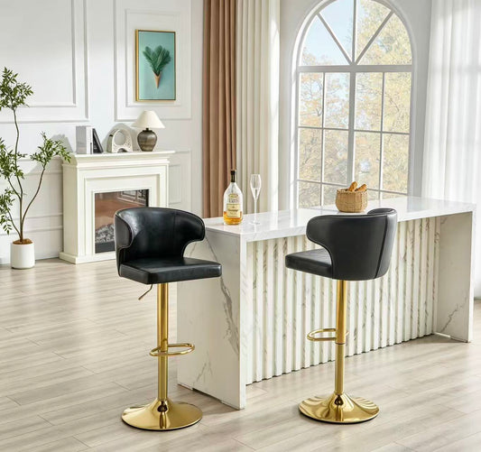 Modern Rotating Adjustable Bar Chair, PU Leather Belt Backrest Swivel Chair, Suitable For Kitchen Bar Counter And Dining Room, Adjustable Height, Capable Of Bearing 300 Pounds  Black -2 Pieces