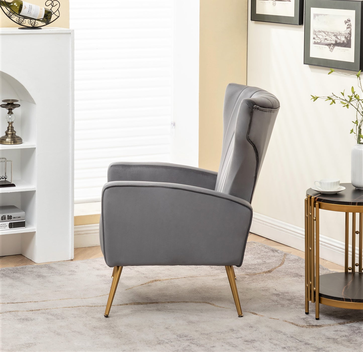 Velvet Accent Chair With Metal Legs, Modern Upholstered Armchair, Wingback Side Chair For Living Room Bedroom Small Spaces