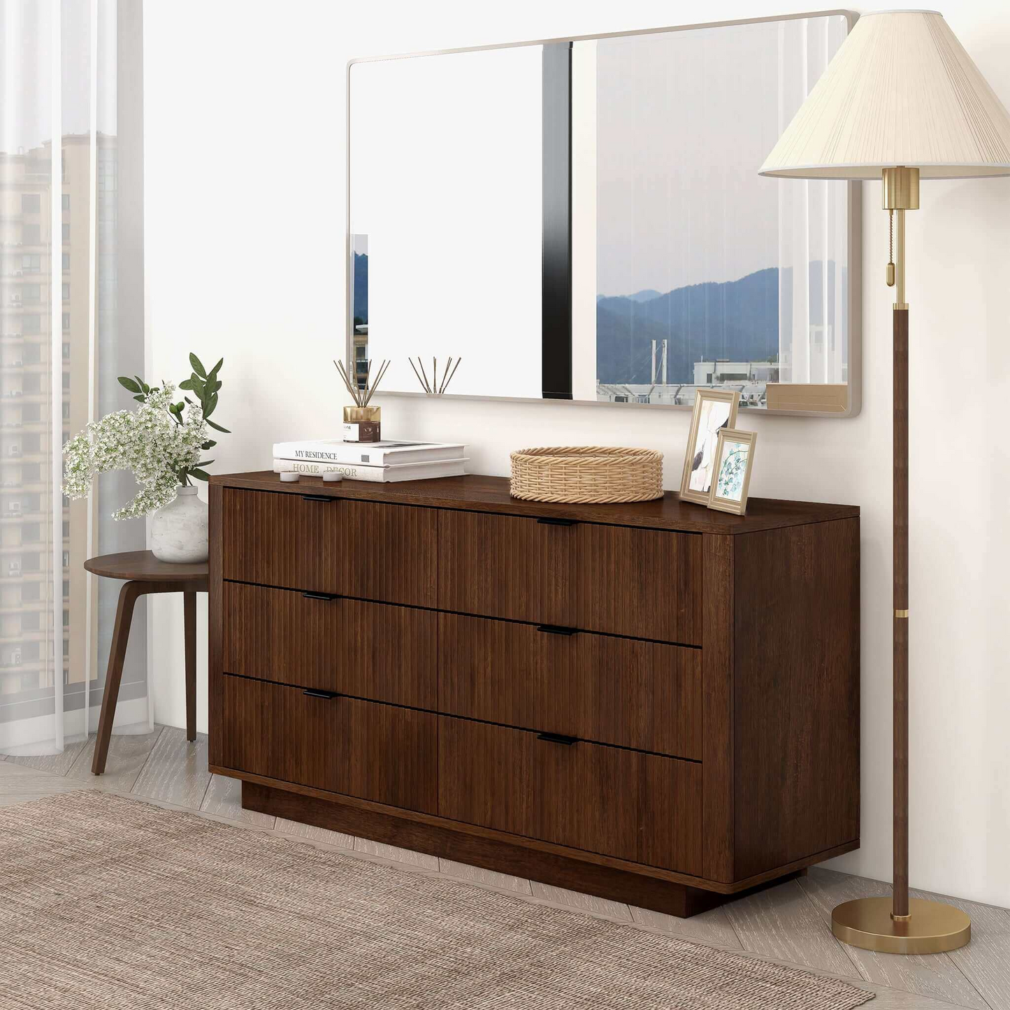 Lola Mid Century Modern Walnut Dresser With 6 Drawers,TV Stand For Living Room, Dresser For Bedroom Chest Of Dresser, Storage Organizers Units, Nightstand For Bed