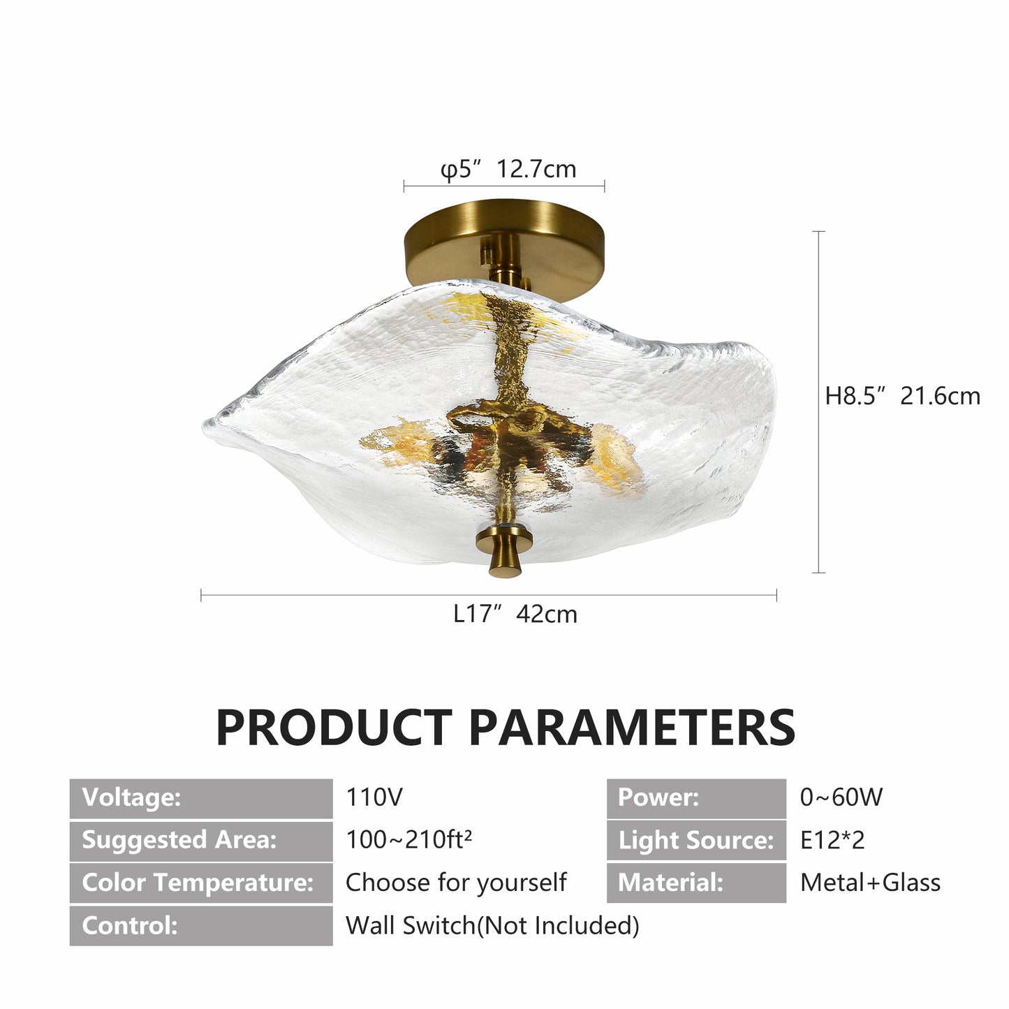 16.5inch Glass Semi Flush Mount Ceiling Light Fixture, 2-Lights Close To Ceiling Light, Modern Gold Ceiling Light Fixture For Bedroom Bathroom Hallway Entryway Kitchen Dining Room