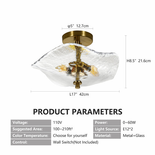 16.5inch Glass Semi Flush Mount Ceiling Light Fixture, 2-Lights Close To Ceiling Light, Modern Gold Ceiling Light Fixture For Bedroom Bathroom Hallway Entryway Kitchen Dining Room