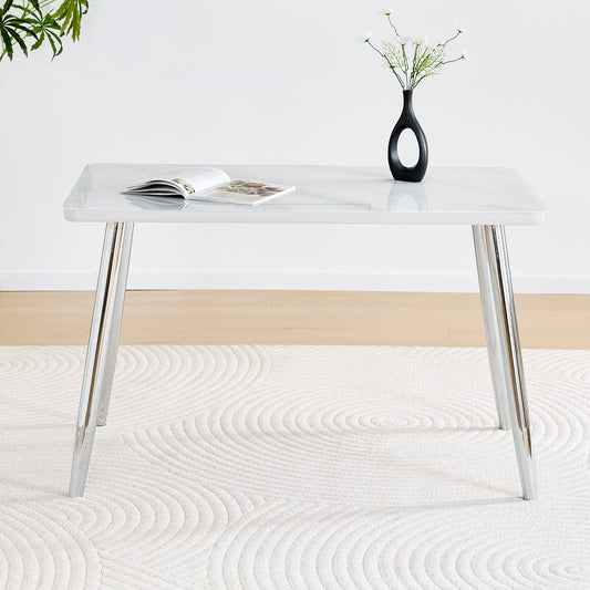 Modern Minimalist Rectangular Dining Table,suitable For 4-6 People.Tempered Glass Countertop Lower MDF Board,imitation Marble Texture,silver Metal Tapered Legs.Suitable For Minimalist Restaurants.