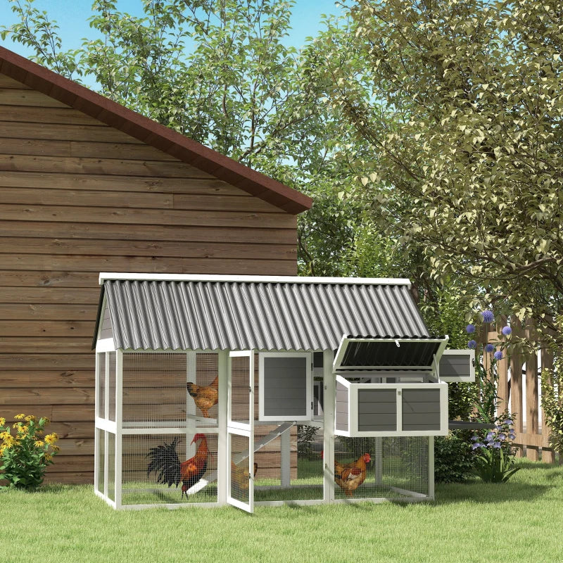 Wooden Chicken Coop With Run, 2 Nesting Boxes, 2 Roosting Bars, Ramp & Tray, Poultry Cage For 6-8 Chickens, Gray