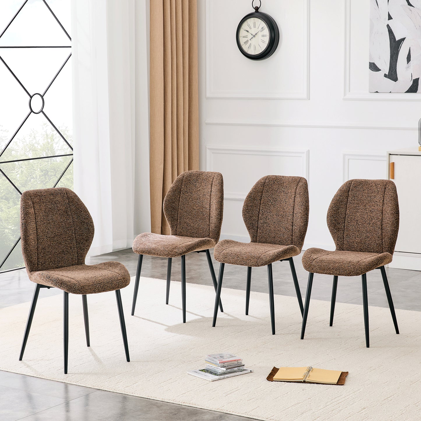4 Sets Of Retro And Minimalist Brown Fabric Dining Chairs With Spacious And Comfortable Cushions.Black Metal Legs And Adjustable Feet, Suitable For Dining Room, Study & Office ,etc.